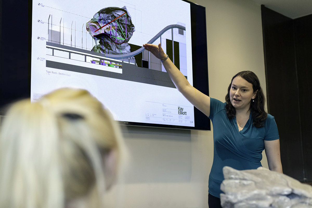 A woman leader in a STEM+ organization points to a chart during a meeting