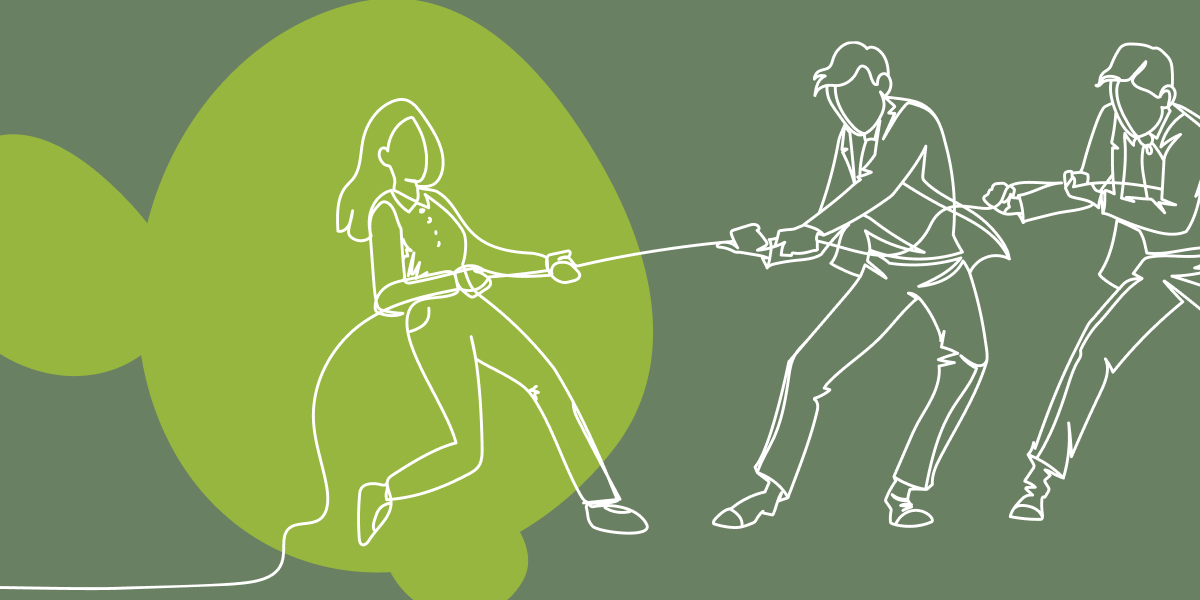 An illustration of a woman worker playing tug-of-war with her male counterparts